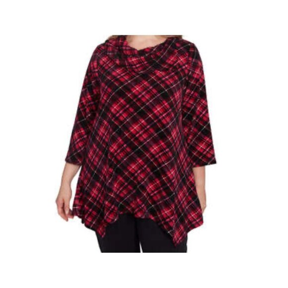 Ruby Rd Petite Medium Red & Black Plaid Cowl Neck Asymmetrical Hem Top  NWT - Picture 2 of 7